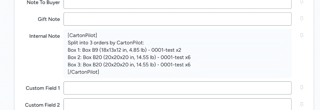 ShipStation order Internal Note written by CartonPilot: Split into 3 orders, Box 1 Box B9 18x13x12 in 4.85 lb with 2 units, Box 2 and Box 3 Box B20 20x20x20 in 14.55 lb with 6 units each